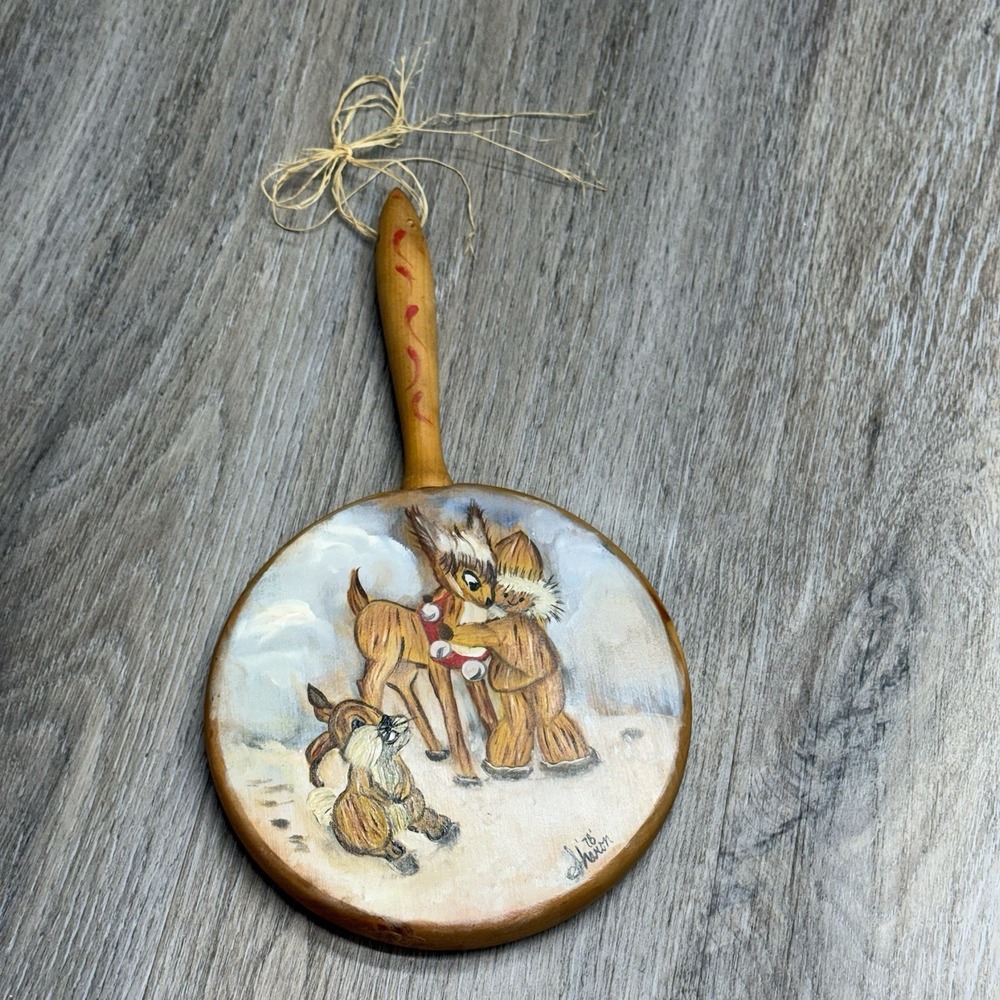 VTG 1976 Hand Painted Wooden Paddle Deer Bunny Holiday Decor Cottagecore 12"